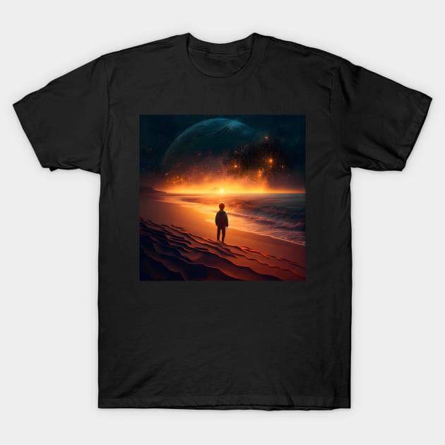 A young man standing on the beach enjoying the sunset T-Shirt by MLArtifex